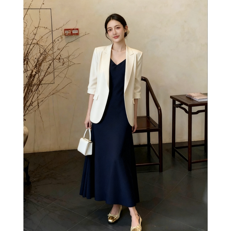 Simple and Elegant High-End Style Outfit: Chanel-Inspired White Blazer and Black Slip Dress Set for Women, Fall 2026