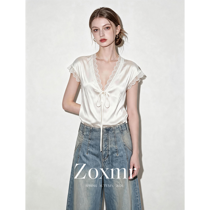 French-Style Unique and Beautiful Top with a Niche Design, White Lace Splicing Satin V-Neck Tie-Up Shirt