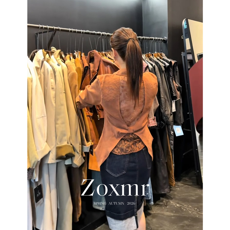 Unique Design Lace Backless Orange Polo Collar Long-Sleeve Shirt, Beautiful and Stylish High-Class Intellectual Top