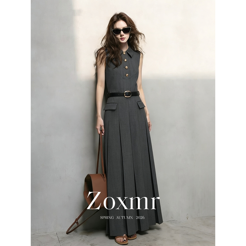 Relaxed and Understated High-Intellectual Style, Old Money Style, Sophisticated Gray Polo Collar Sleeveless Work Shirt Dress for Women