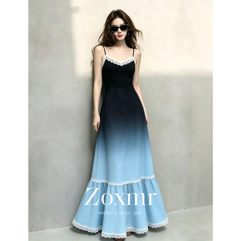 Early Summer Exquisite and Unique Vacation-Style Lace Patchwork Ice Blue Gradient Smudged Sleeveless Spaghetti Strap Dress for Women