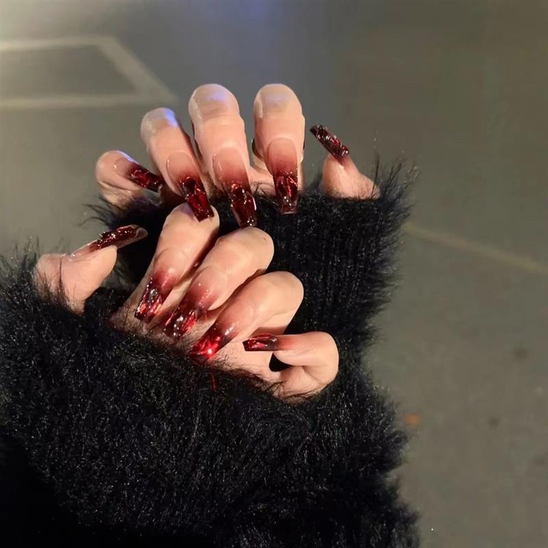 Trendy Gradient Black and Red Rhinestone Wedding Photo Handmade Press-On Nails Fake Nail Tips Finished Nails