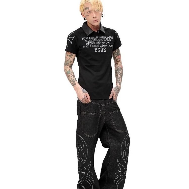 Trendy Brand 25Ss*《20Era》Original Dark Slogan Patchwork Pu Leather Polo Shirt with Regular Shoulders, Slim Fit, Short Sleeve Tee