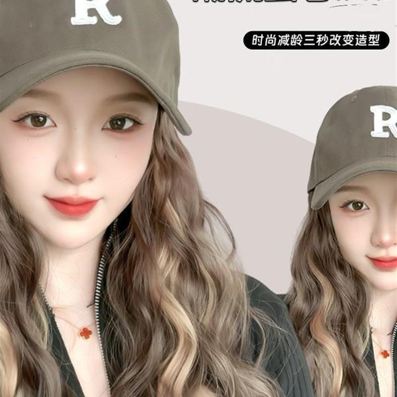 New Version of the Fashionable Hat-Wig Combo with Long Wavy Hair and Stylish Embroidered Wig Baseball Cap