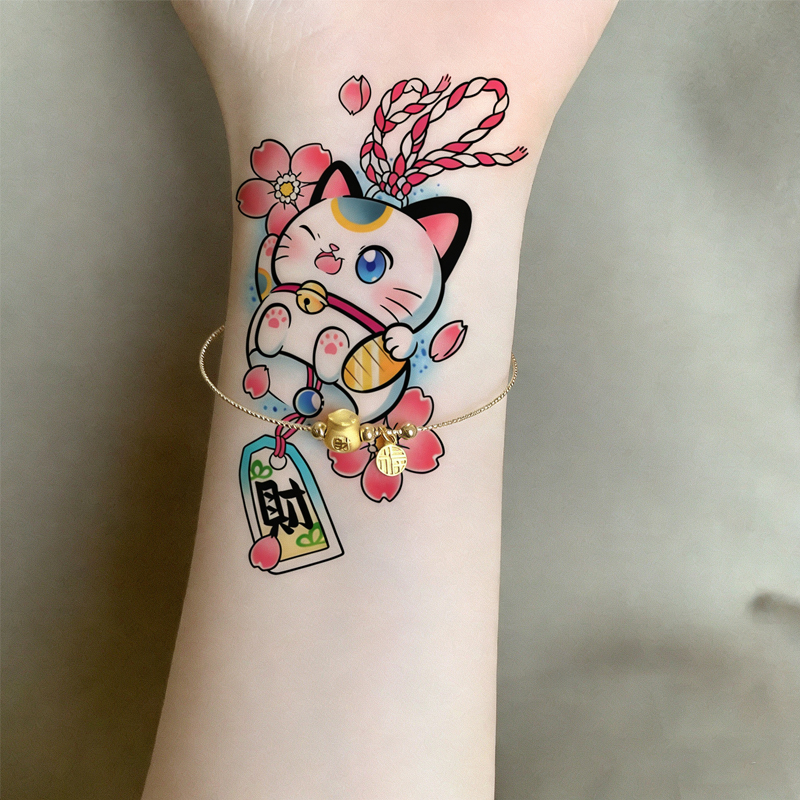 Cute Colorful Lucky Cat Cartoon Simulation ins Flower Arm Wrist Tattoo Stickers for Men and Women, Waterproof, Long-Lasting, Washable
