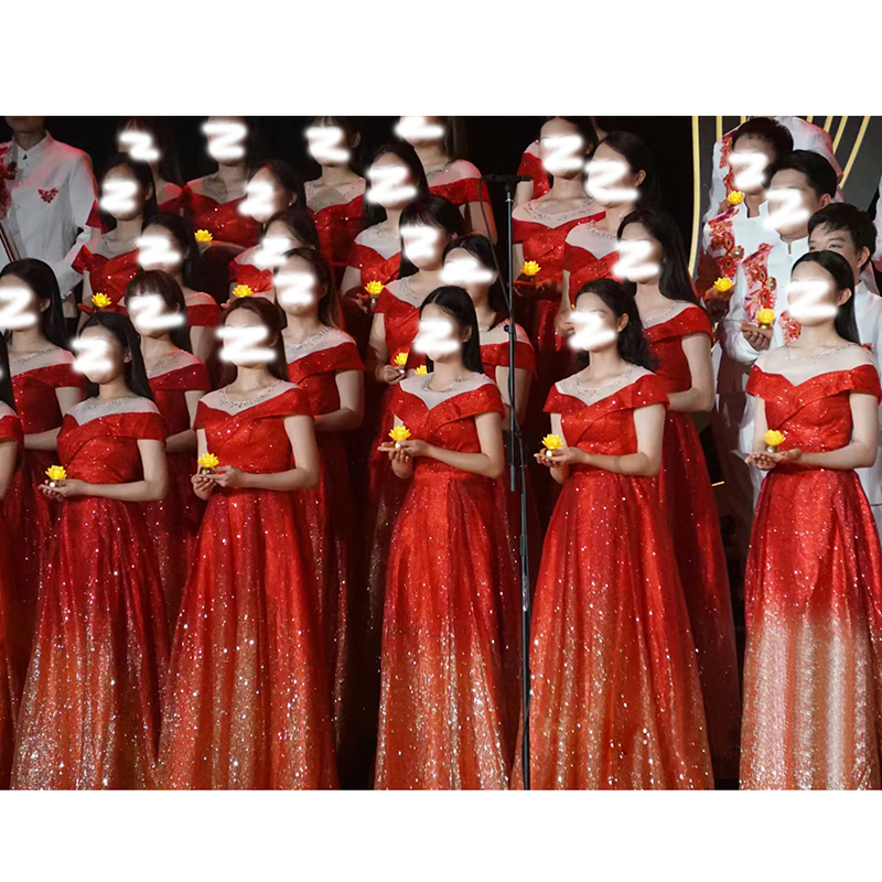 Performance Clothing for Choir Hosts and Conductors, Classy Performance Stage Red Evening Dress for Women