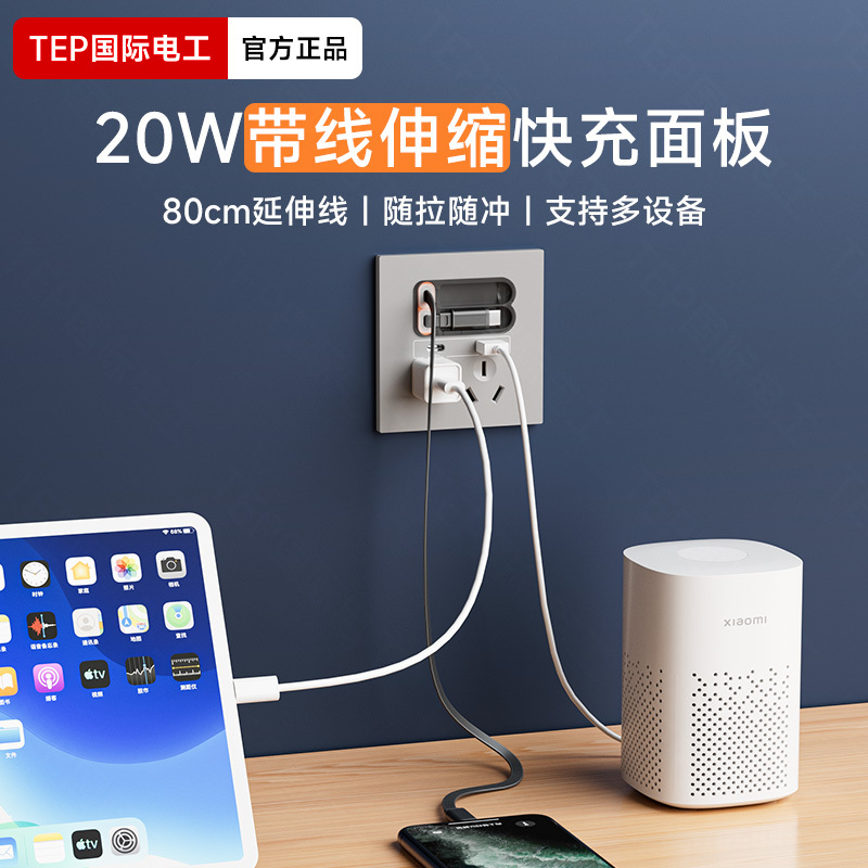 Household Concealed Five-Hole Socket Panel with USB Charging, Hotel Type 86 Fast Charging 20W Socket with Cable and Type-C Port