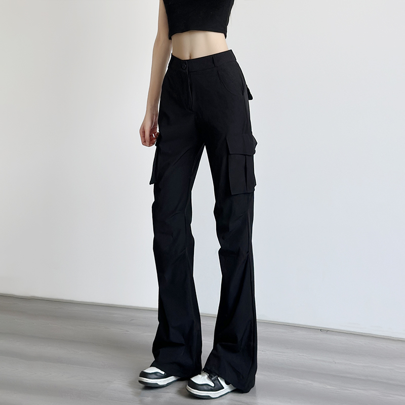 Micro-Flared Cargo Pants for Women, Summer 2026 New Style, Slim Fit, Black, Petite, Parachute-Style Quick-Dry Sports Pants