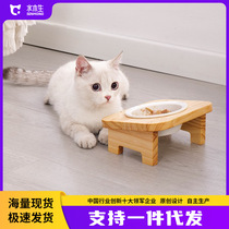 Solid wood cat bowl pet cat ceramic bowl fixed pet cat food bowl solid wood frame dining table protection cervical vertebra drinking rack