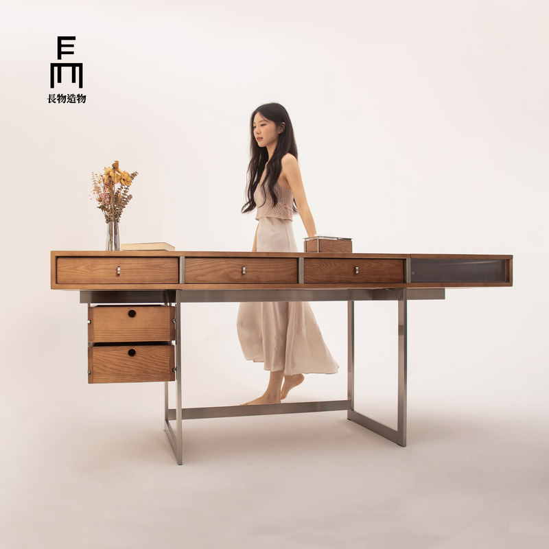 Longwu Creation | Floating Island Desk, Solid Wood Desk, Vintage Bauhaus Minimalist Computer Desk, Multi-Functional Design