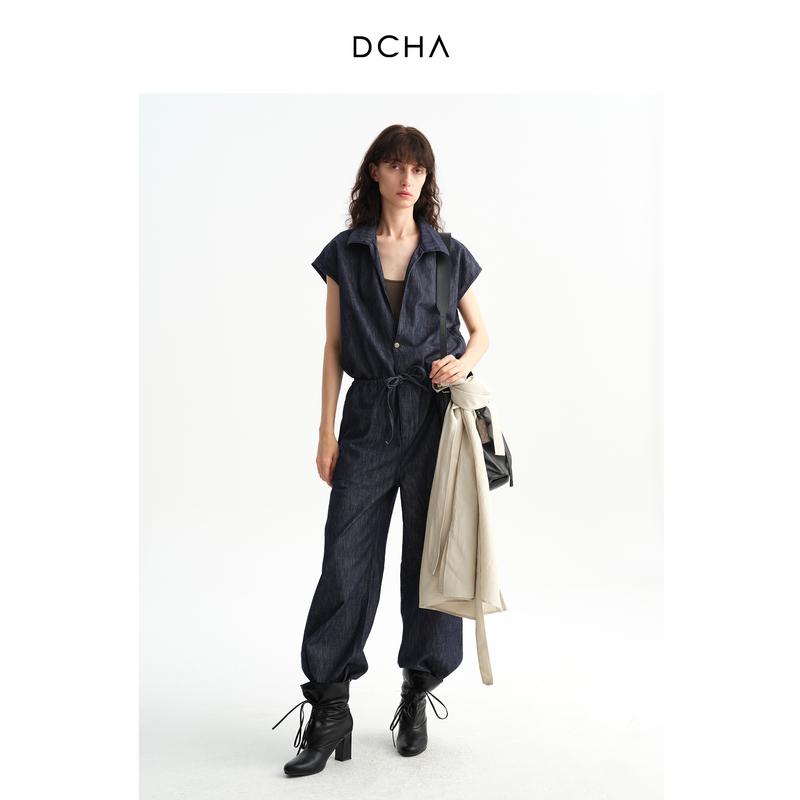Dcha Dark Blue Washed Linen Denim Retro Deep V-Neck Drawstring Denim Jumpsuit