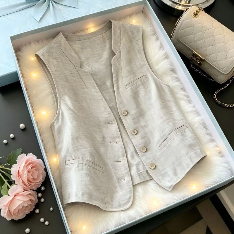 Authentic Linen Vest Shirt, Summer Sleeveless Thin New Style Loose Waistcoat Suit Top, Cotton and Linen Jacket