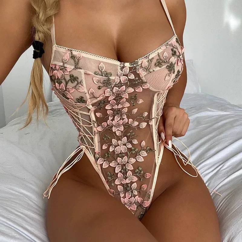 Сексуальное нижнее белье, кружевной Bodysuit без рукавов с вышивкой цветов