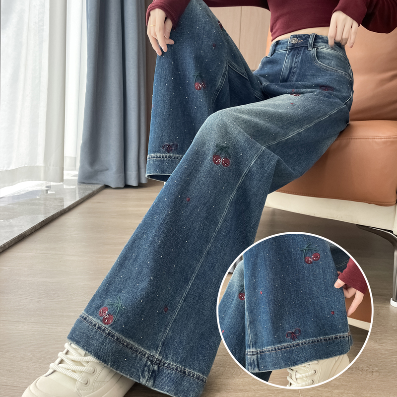 Dark Blue Rhinestone Wide-Leg Jeans for Women, 2026 Autumn New Style, Cherry Embroidery Design, Loose Fit, Slimming Straight-Leg Pants