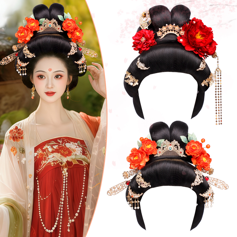 Tang-Style Wig with Integrated Hair Bun, Hair Accessory with Peony Silk Flowers and Tassels, Hair Crown Combination for Hanfu Imperial Concubine Makeup