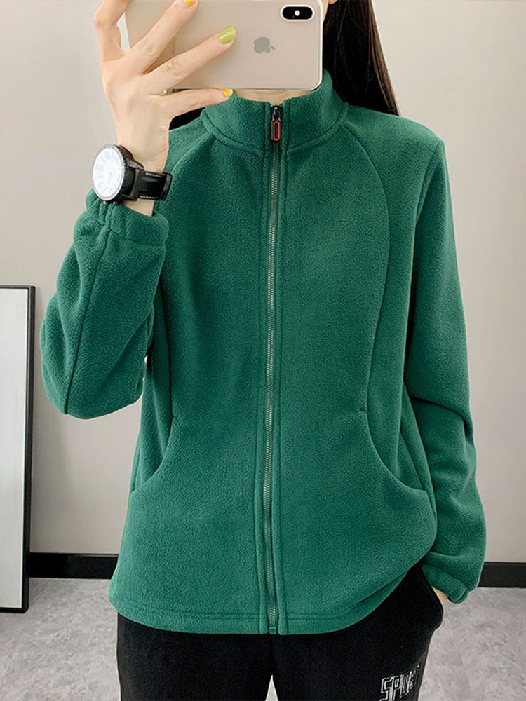 Spring and Autumn Outdoor Fleece Jacket for Women 2025 New Casual Warm Stand Collar Hiking Coat Solid Color Short Fleece Top