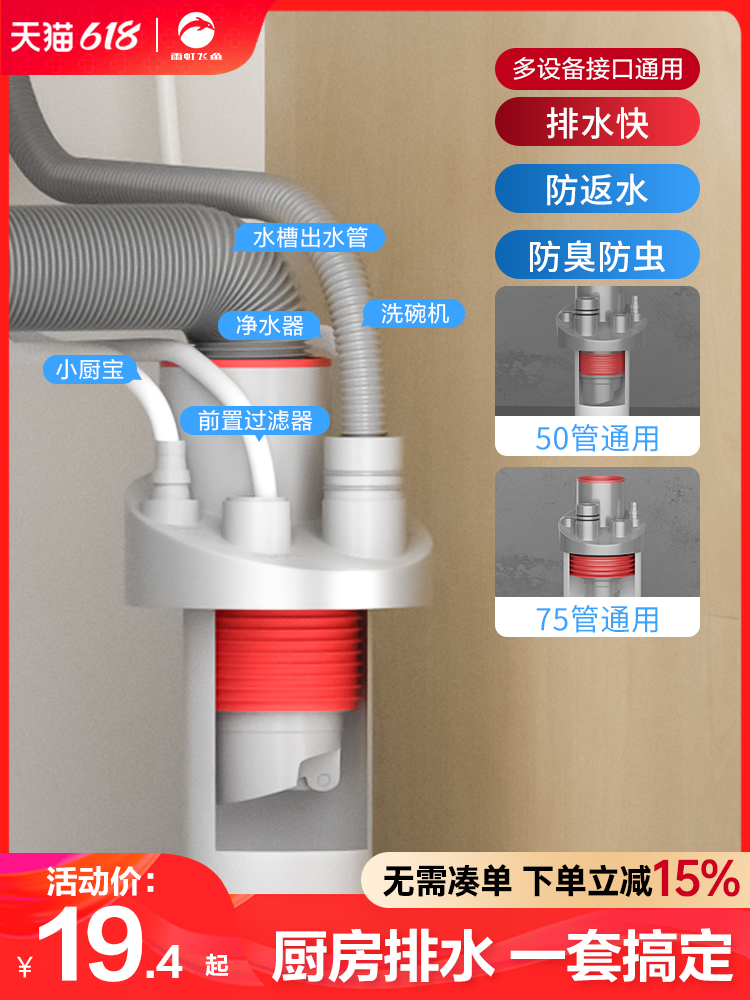 <!--雨虹飞鱼厨房下水管三通水槽洗菜盆洗碗池净水器排水管道防臭神器-->
