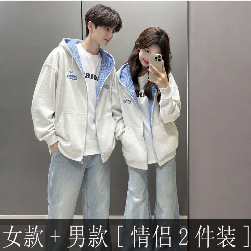 American Retro Couple's Clothing Plaid Patchwork Letter Embroidered Hooded Sweatshirt 2026 New High-End Cardigan Jacket