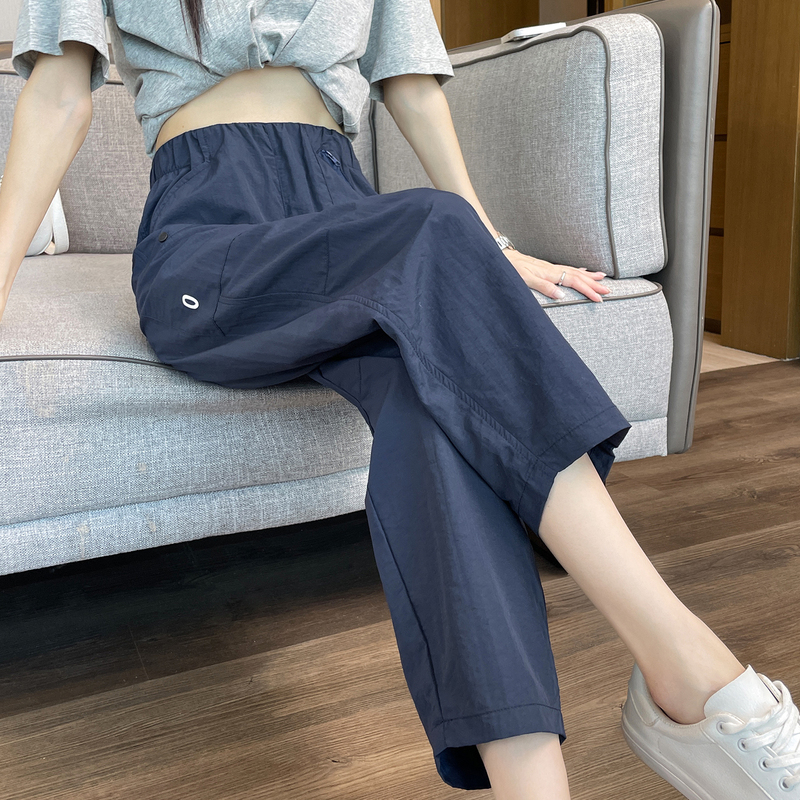 Dark Blue Ice Silk Quick-Dry Harem Pants for Women, Summer Thin High-Waisted Loose Lightweight Jogging Sports Dad Carrot Pants