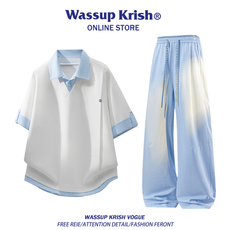 Wassup Krish Youth Casual Sports Suit Men's Summer Thin Fake Two-Piece Short-Sleeved Polo Shirt Outfit Wassup Krish Youth Casual Sports Suit Men's Summer Thin Fake Two-Piece Short-Sleeved Polo Shirt Outfit