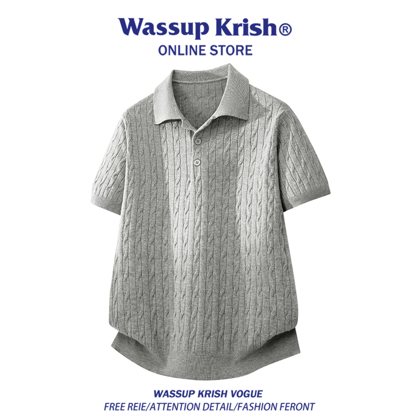 WASSUP KRISH麻花针织短袖t恤男款夏季复古老钱风polo衫上衣毛衣