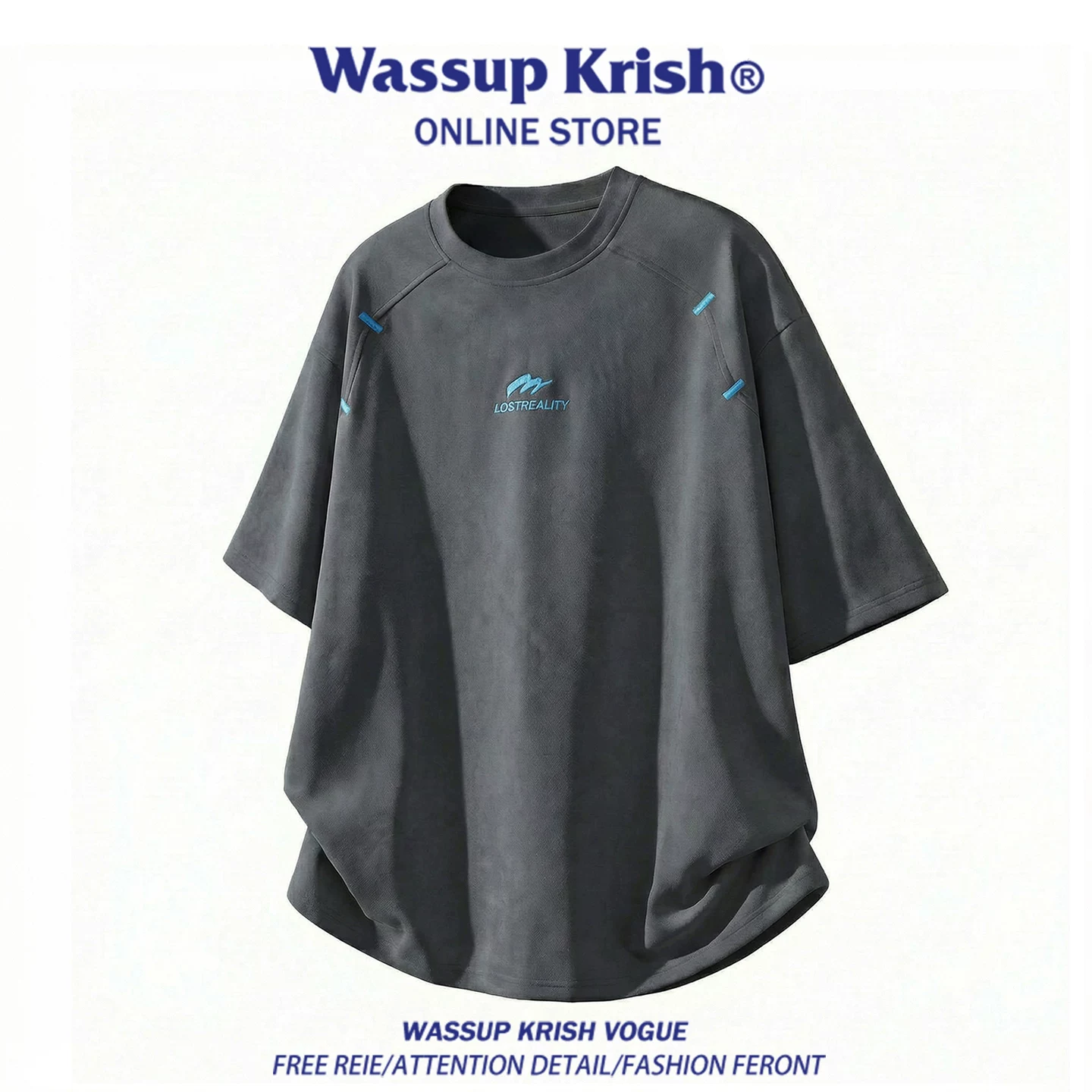 Retro бархатная футболка с коротким рукавом WASSUP KRISH, американский стиль, с вышивкой