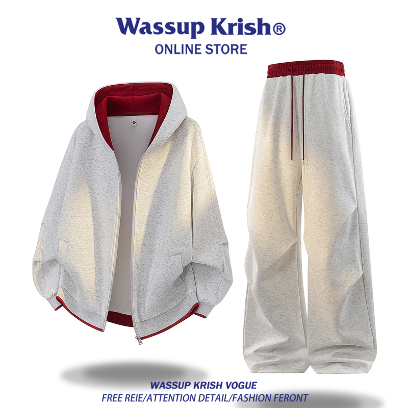 Wassup Krish Color-Blocking Hooded Sports Sweatshirt Set for Men, Autumn High-End Couple's Jacket and Pants Outfit Wassup Krish Color-Blocking Hooded Sports Sweatshirt Set for Men, Autumn High-End Couple's Jacket and Pants Outfit