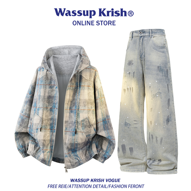 Wassup Krish American-Style Plaid Tie-Dye Sweatshirt Men's Autumn Cardigan Jacket Graffiti Jeans Complete Set