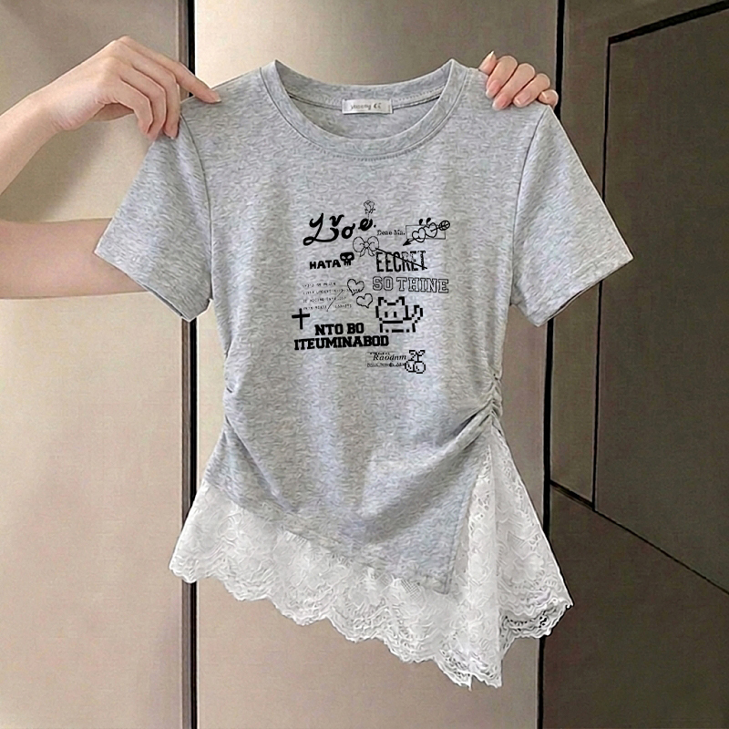 2026 New Lace Splicing Cartoon Print Short-Sleeved T-Shirt for Women, Summer Waist-Cinching Slim Fit Irregular Gray Top 2026 New Lace Splicing Cartoon Print Short-Sleeved T-Shirt for Women, Summer Waist-Cinching Slim Fit Irregular Gray Top
