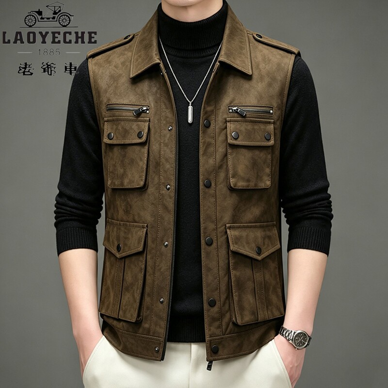 Vintage Style New Men's Short Leather Vest Jacket Outdoor Multi-Pocket Waterproof Hiking Travel Vest