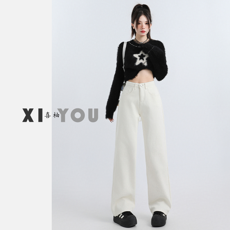 Off-White High-Waisted Straight-Leg Jeans for Women, New Autumn and Winter Style, Petite Size, Fleece-Lined, Drapey, High-End Feel, Narrow Wide-Leg Pants Off-White High-Waisted Straight-Leg Jeans for Women, New Autumn and Winter Style, Petite Size, Fleece-Lined, Drapey, High-End Feel, Narrow Wide-Leg Pants