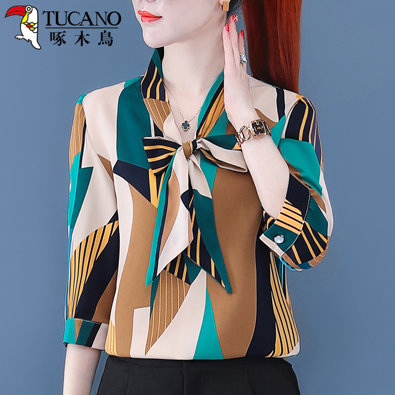 Woodpecker Women's Mid-Sleeve Chiffon Shirt New Top Base Layer 2025 Bow Long Sleeve Spring Print Summer Wear Woodpecker Women's Mid-Sleeve Chiffon Shirt New Top Base Layer 2025 Bow Long Sleeve Spring Print Summer Wear