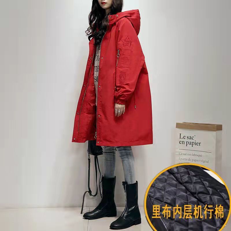Red Mid-Length Hooded Trench Coat for Women, New Autumn and Winter Style, Loose Fit, Waist-Cinching, Slimming, Hong Kong Style, Loose, Fashionable, Warm Jacket