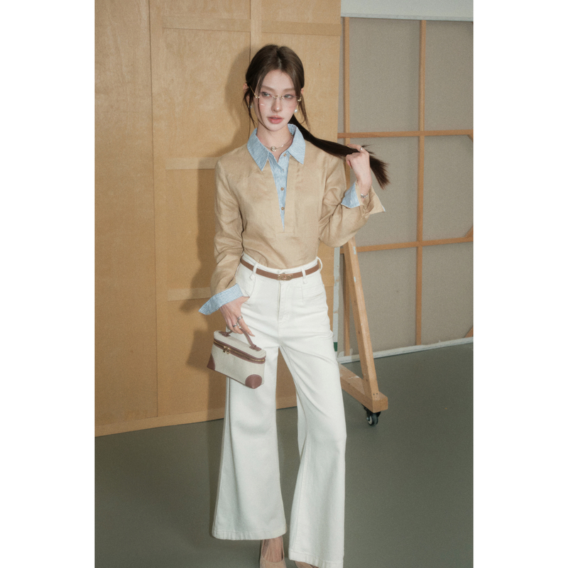 Olivia Duo Workplace Striped Patchwork Shirt 2026 Autumn Khaki Lapel Fake Two-Piece Linen Women's Top