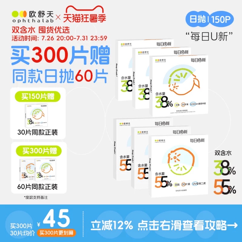 Buy 300 Pieces and Get 60 Pieces Free】Oshutian Opthalab Daily U New Daily Disposable Contact Lenses, 150 Pieces, Moisturizing Buy 300 Pieces and Get 60 Pieces Free】Oshutian Opthalab Daily U New Daily Disposable Contact Lenses, 150 Pieces, Moisturizing