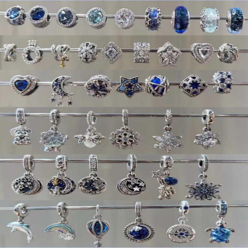 925 Silver Panjia Beads Sparkling Bracelet Beaded Ocean Heart Blue Loose Beads Galaxy DIY Accessories Pendant Style
