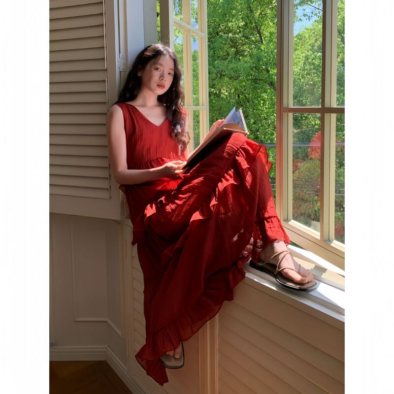 New Open Korean Style Forest-Style Beautiful and Simple Ruffled Sleeveless Dress for Summer