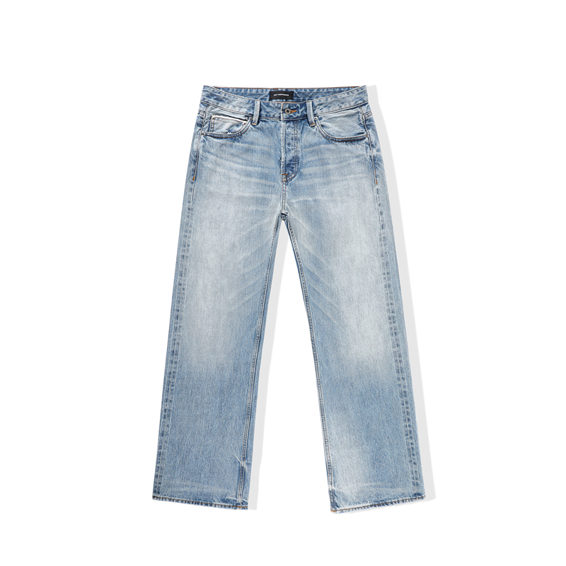 See the Mirage Custom Woven Cherry Blossom Ear-Shaped Minimalist M01 Style Glacier Blue Washed Selvedge Straight-Leg Jeans