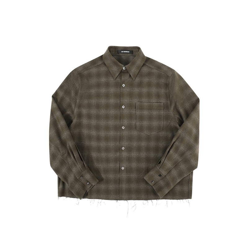 See the Mirage Ochre Brown Plaid Mother-Of-Pearl Button Tassel Japanese Style Short Wide Shirt See the Mirage Ochre Brown Plaid Mother-Of-Pearl Button Tassel Japanese Style Short Wide Shirt