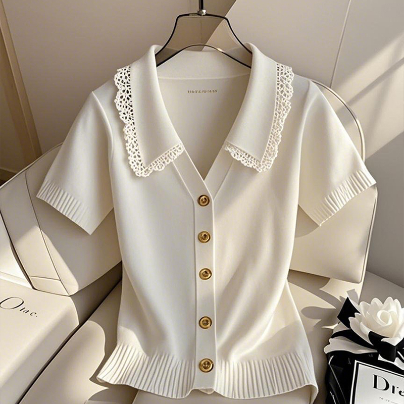 Women's Shirt 2025 New Trendy White Lace Trim Knit Top with a High-End Feel, Short-Sleeved Blouse for Spring and Summer