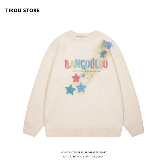 TIKOU National Trend Sweaty Style Star Jacquard Round Neck Sweater Knitted Sweater Pull-up Casual Loose Couple Top Trend