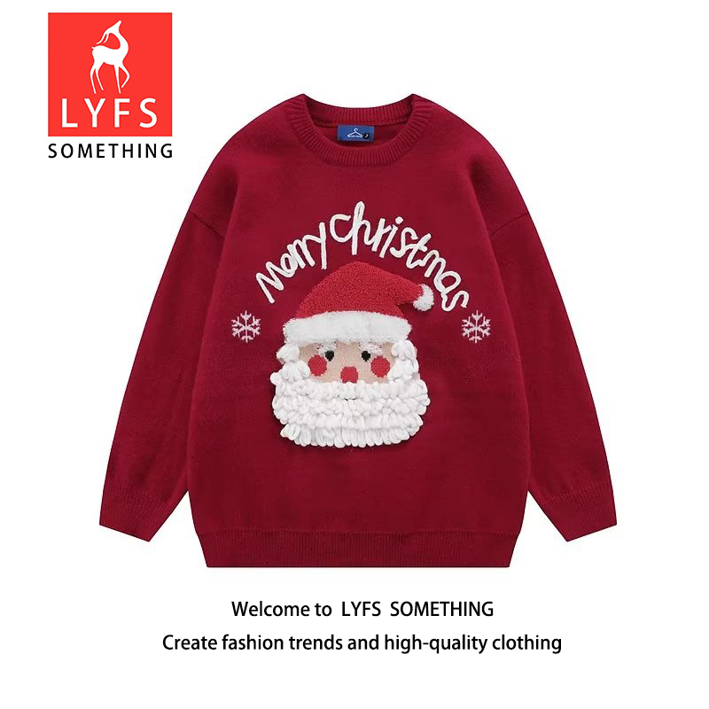 2023 New Year Retro Santa Claus Red Sweater Autumn and Winter Loose Lazy Style Round Neck Couple Knitted Base Shirt