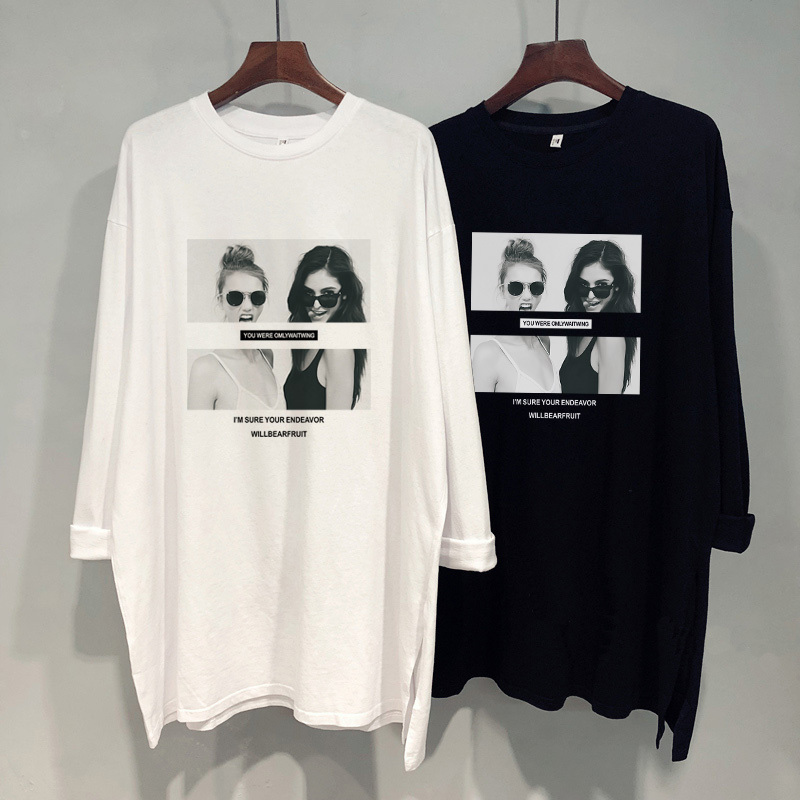 2026 New Pure Cotton Long-Sleeved T-Shirt for Women, Mid-Length, Loose, Casual, Large Size, White Slit Bottoming Shirt for Spring and Autumn