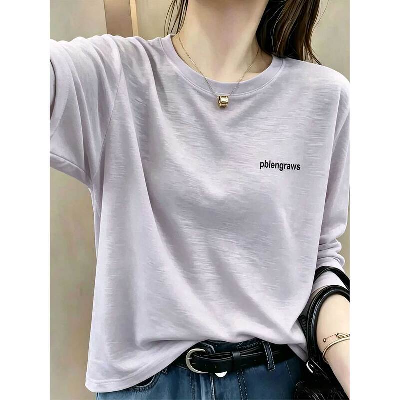 New Women's Clothing 2026 Autumn Round Neck Snowflake Cotton T-Shirt Blouse Fashionable High-End Purple Long-Sleeved Thin Top New Women's Clothing 2026 Autumn Round Neck Snowflake Cotton T-Shirt Blouse Fashionable High-End Purple Long-Sleeved Thin Top