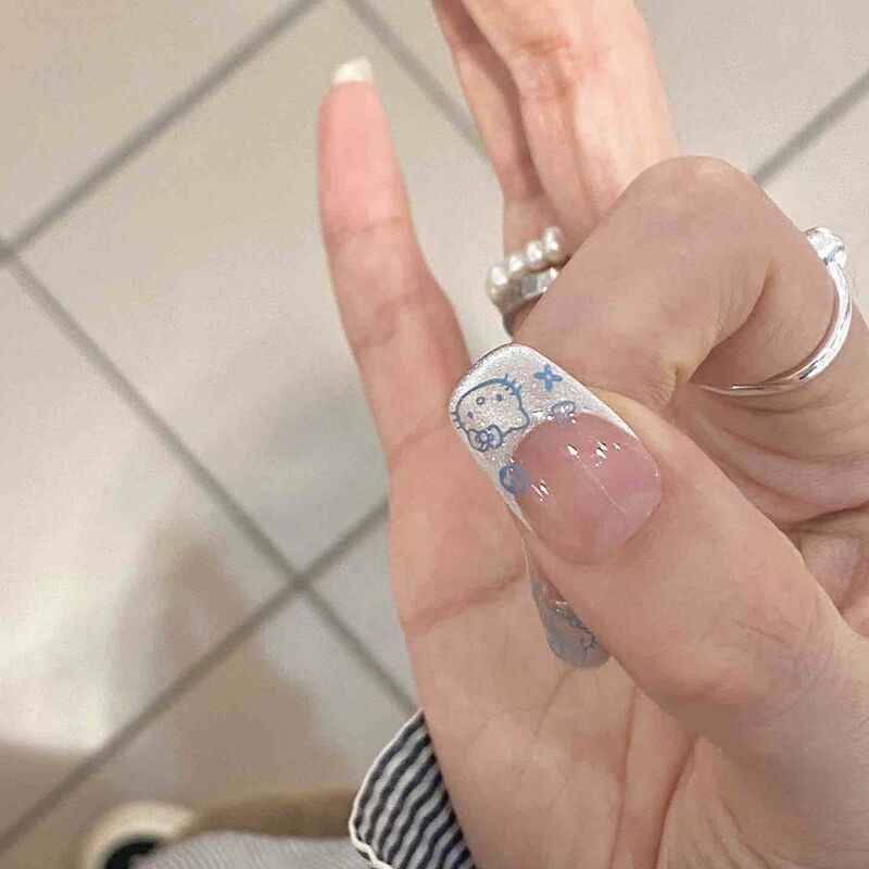 Purely Handmade Children's Wearable Nails, Girls' Nail Art, Hello Kitty Wearable Nails, Handmade Kitty Cat-Eye French Style Beauty