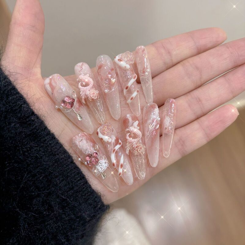 Handmade Children's Wearable Nails, Girls' Nail Art, Handmade Squishy Snake and Dog Long Nails, Pink High-End Handmade Wearable Nails