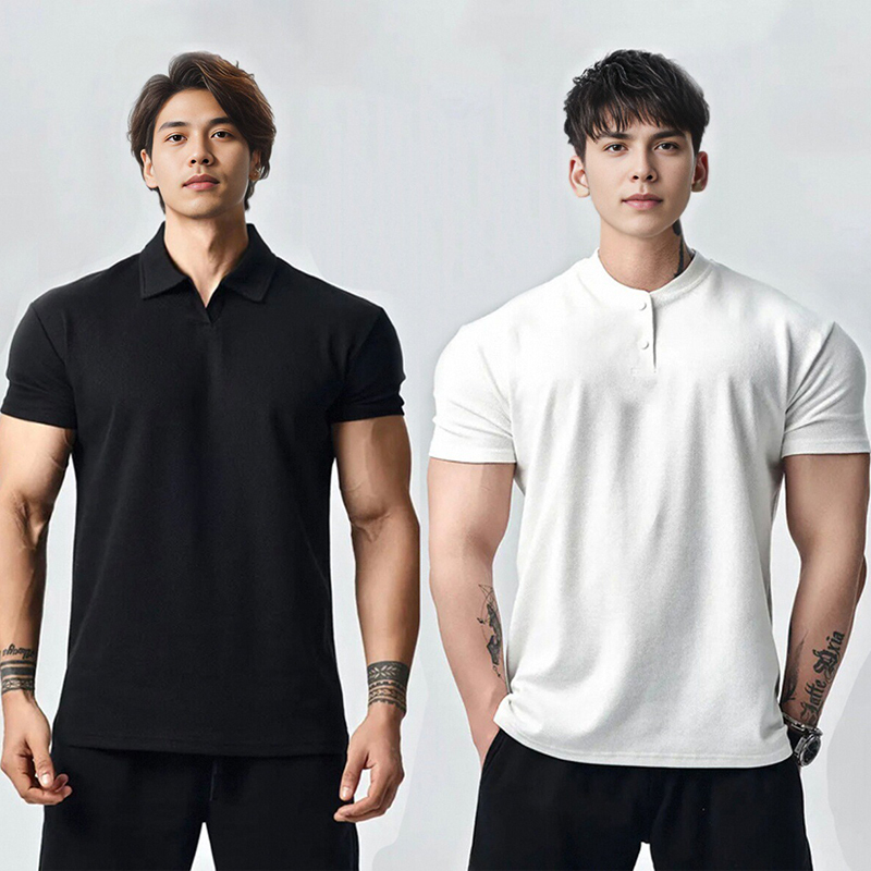 American-Style Cuffed Sleeves Show Off Muscles, Fitness Sports T-Shirt, Polo Collar Short-Sleeved Men's Quick-Drying Breathable Running Training Clothes for Summer