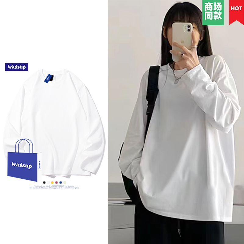 Buy One Get One Free 260g Heavyweight Long-Sleeve T-Shirt for Men, Pure Cotton, Solid Color, White T-Shirt, Sweatshirt, Inner Layer Top, Women's Base Shirt