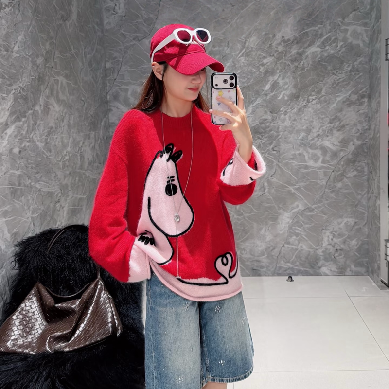[Same Style as in the Mall] m Brand Knitwear 2026 Autumn New Cartoon Pattern Loose Long-Sleeve Lazy Style Sweater for Women