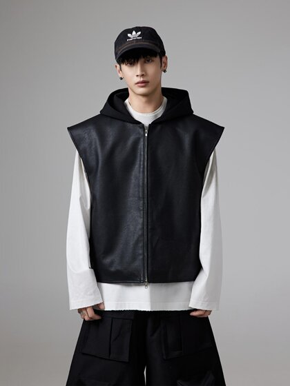INSOMNIA失眠者 廓形百搭原创设计宽松短款拼接连帽皮衣马甲男女